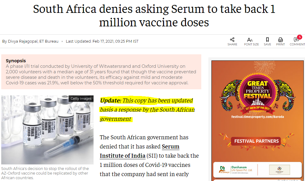 South Africa denies asking Serum to take back 1 million vaccine doses
