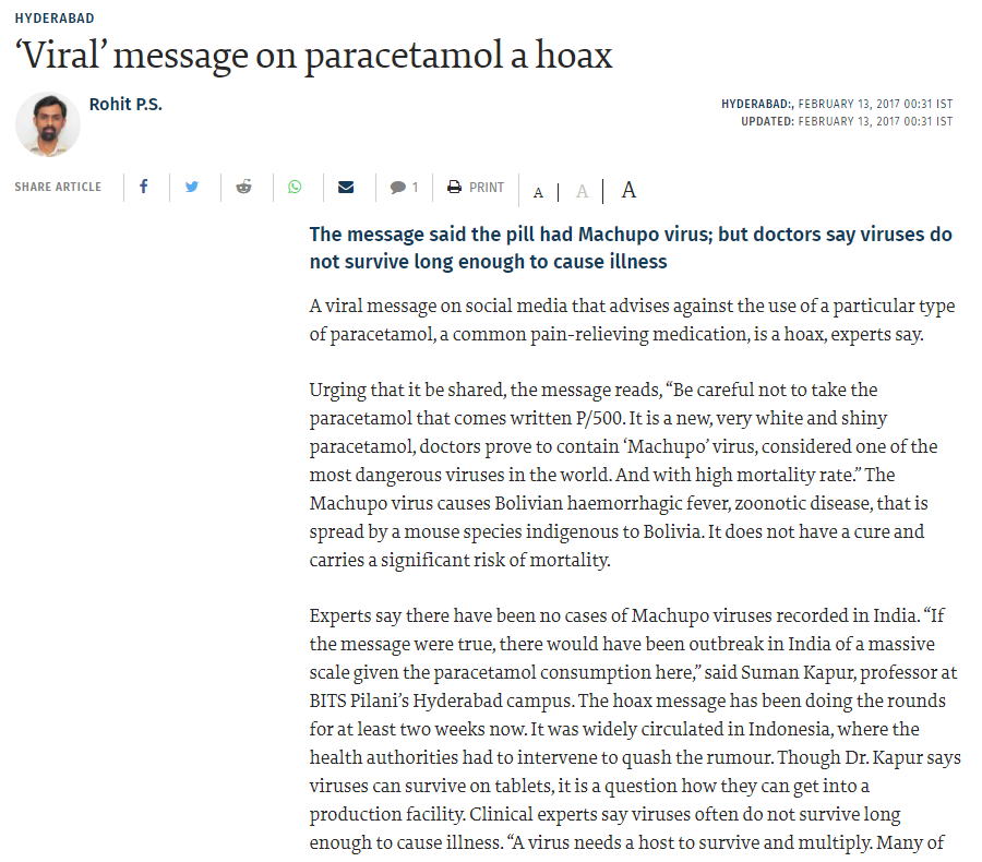প্যারাসিটামল পি -৫০০ এ ম্যাচাপু ভাইরাস The Hindu news