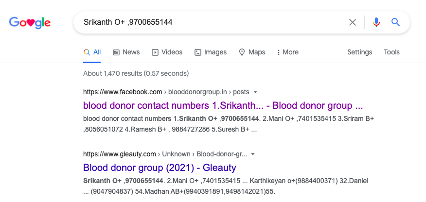 Screenshot of claim “Anyone requiring Plasma for Covid treatment” using keyword search on Google