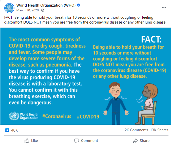 ڈبلو ایچ او نے اپنے فیس بک پوس میں لکھا ہے کہ خود سے آکسیجن لیول چیک کرنے کا دعویٰ فرضی ہے