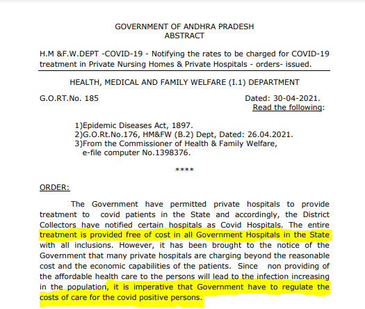 Free Treatment of Covid-19 Patients in Andrapradesh
