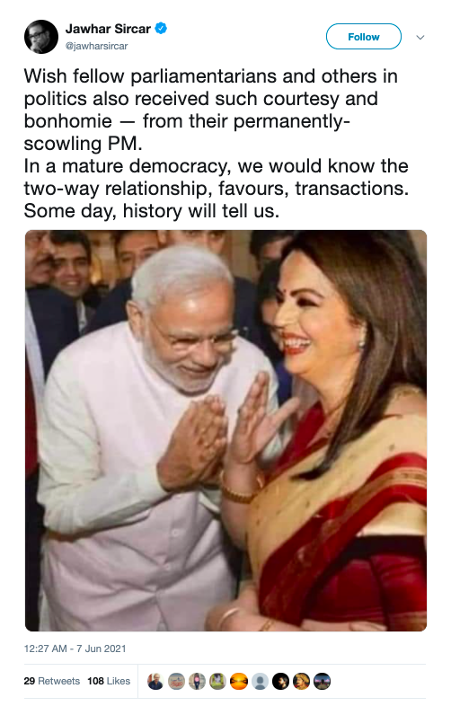 Screenshot of Former Prasar Bharati CEO Jawahar Sirkar's tweet showing PM Modi bowing with folded hands to Nita Ambani. 