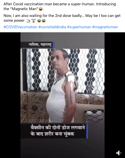 Screenshot of a Facebook post claiming Covid-19 vaccination gave magnetic power to a man