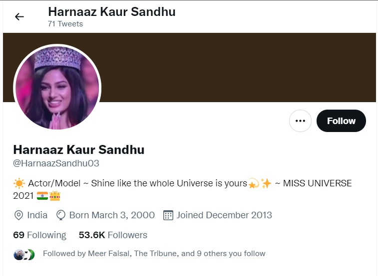 Harnaaz Sandhu twitter profile 