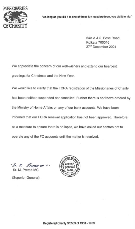 Missionaries of charity press release on banks freezing assets 