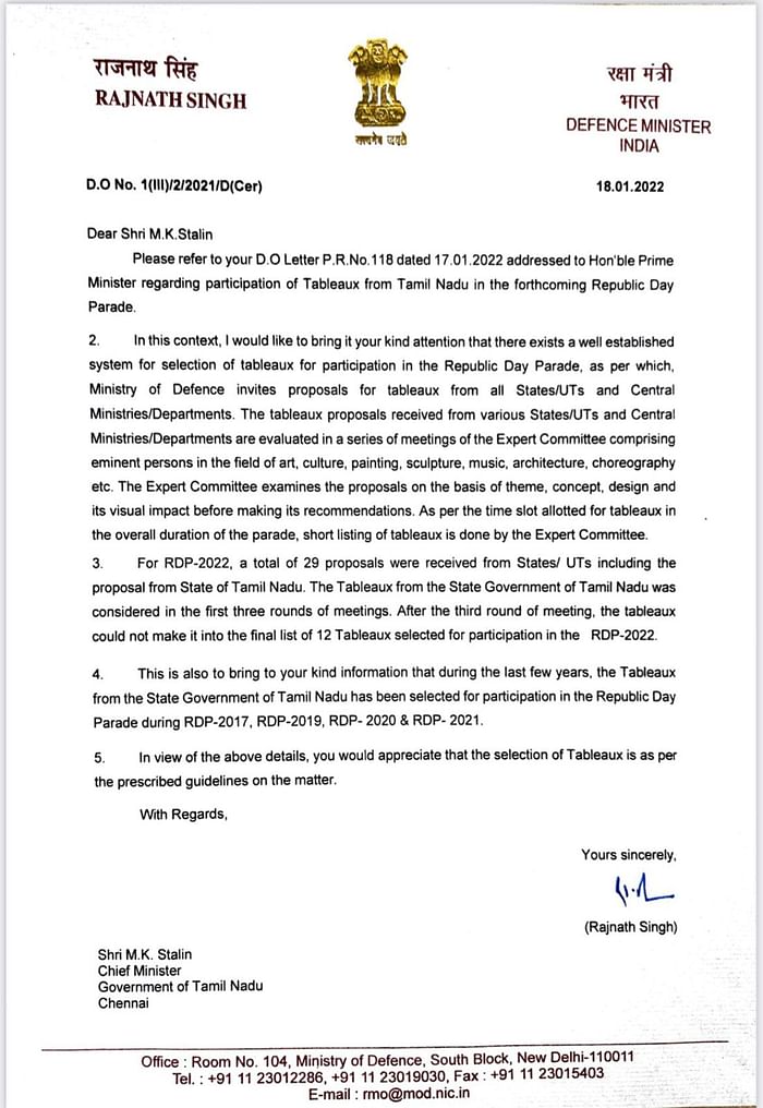 Rajnath Singh letter