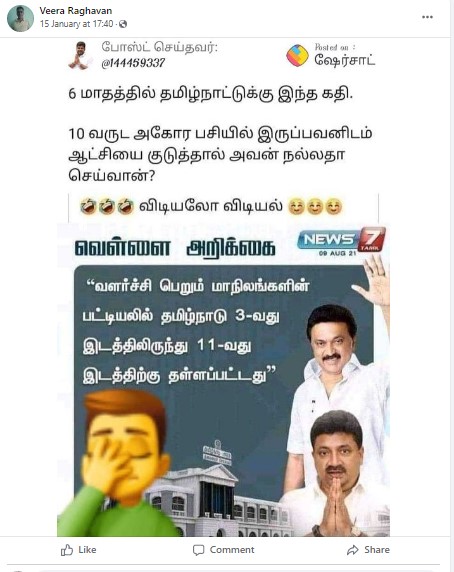 திமுக ஆட்சி காரணமாக  வளர்ச்சி பெறும் மாநிலங்களின் பட்டியலில் தமிழகம் பின்னடைவு அடைந்தாக பரவும் தகவல் - 3