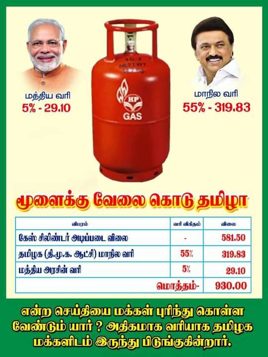 எரிவாயு சிலிண்டருக்கு மாநில அரசு 55 சதவீதம் வரி விதிப்பதாக பரவும் தகவல்