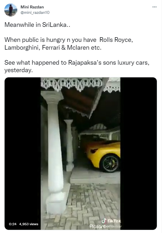 Tweet on luxury cars being set on fire 