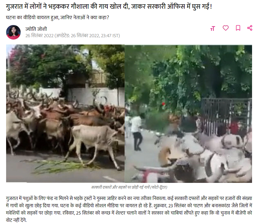 ਲੋਕਾਂ ਨੇ ਗਾਵਾਂ ਨੂੰ ਯੋਗੀ ਆਦਿਤਿਆਨਾਥ ਦੇ ਗੋਰਖਪੁਰ ਨਿਵਾਸ ਵੱਲ ਸਿੱਧਾ ਕਰ ਦਿੱਤਾ