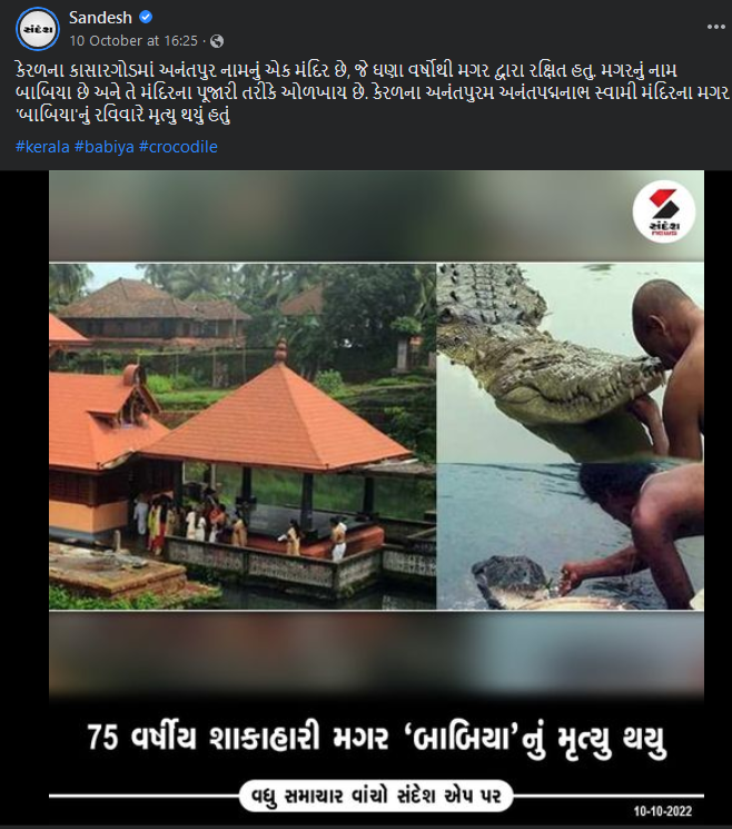 કેરળમાં આવેલા અનંત પદ્મનાભ સ્વામી મંદિરના પ્રખ્યાત મગર 'બાબિયા'ના મૃત્યુની ખબર સાથે ભ્રામક તસ્વીર વાયરલ 