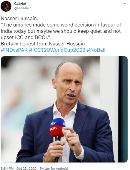 Viral posts claiming former England captain Nasser Hussain threw doubts on the umpiring after India’s thrilling win over Pakistan at the T20 World Cup were found to be false.