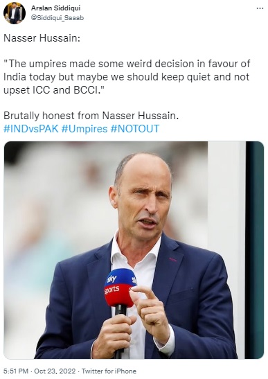 Viral posts claiming former England captain Nasser Hussain threw doubts on the umpiring after India’s thrilling win over Pakistan at the T20 World Cup were found to be false.