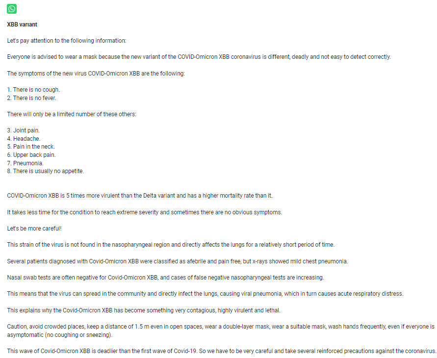 ਸੋਸ਼ਲ ਮੀਡਿਆ ਤੇ XBB Variant ਨੂੰ ਲੈ ਕੇ ਵਾਇਰਲ ਹੋਇਆ ਫਰਜ਼ੀ ਮੈਸਜ਼
