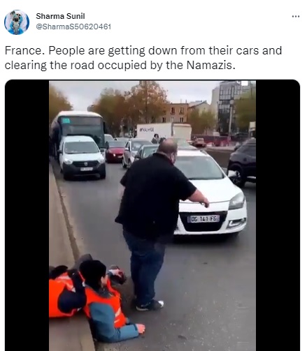 A viral video showing citizens evicting climate-change activists for obstructing traffic on a Paris road is being falsely claimed as an incident where motorists are dragging away people offering Namaz in the middle of the road.