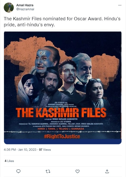 विवेक अग्निहोत्रीची काश्मीर फाईल्स ऑस्करसाठी ‘शॉर्टलिस्ट’ आणि ‘नामांकित’