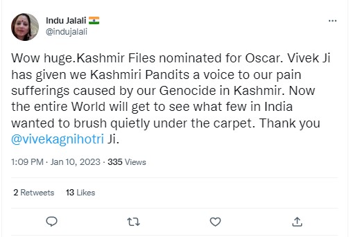 विवेक अग्निहोत्रीची काश्मीर फाईल्स ऑस्करसाठी ‘शॉर्टलिस्ट’ आणि ‘नामांकित’