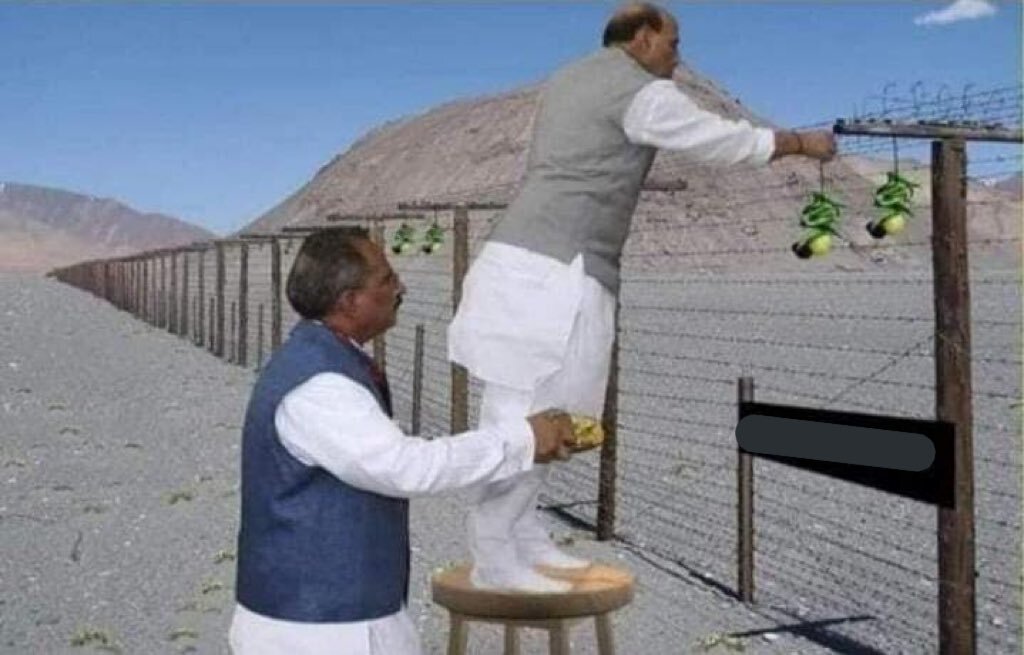 ராஜ்நாத் சிங் இந்திய எல்லையில் எலுமிச்சை மற்றும் மிளகாயை கட்டியதாக பரவும் புகைப்படம்