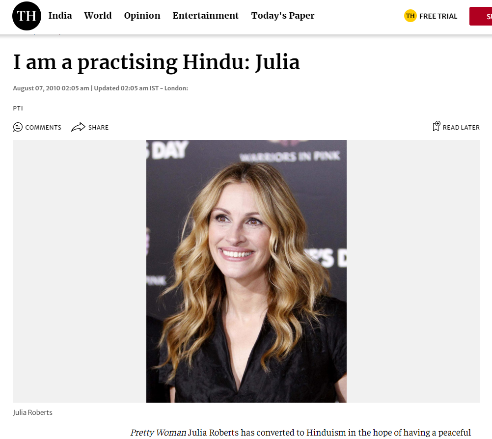 হলিউডের অভিনেত্রী জুলিয়া রবার্টসের হিন্দু ধর্ম image 2