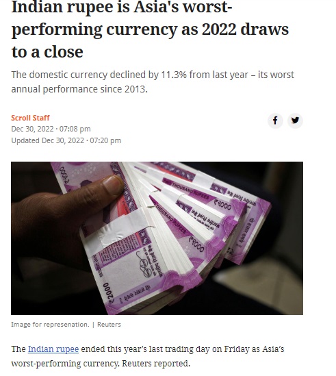 The Indian rupee ended 2022 as one of Asia’s worst-performing currencies, according to a Reuters report.