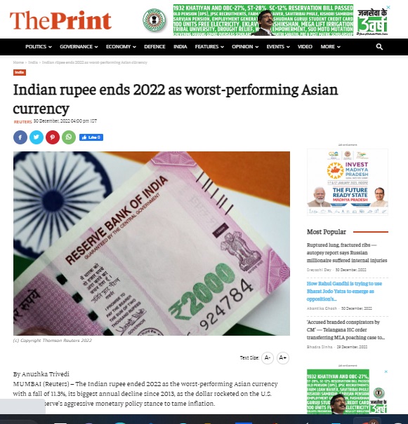 The Indian rupee ended 2022 as one of Asia’s worst-performing currencies, according to a Reuters report.
