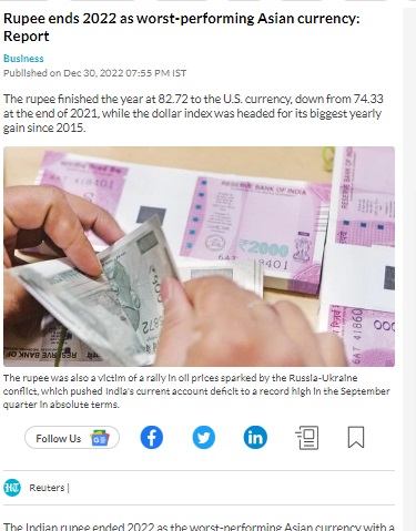 The Indian rupee ended 2022 as one of Asia’s worst-performing currencies, according to a Reuters report.