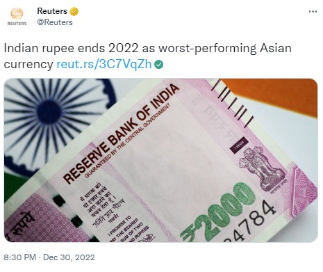 The Indian rupee ended 2022 as one of Asia’s worst-performing currencies, according to a Reuters report.