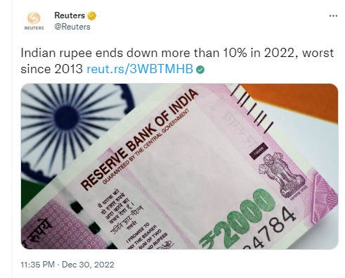 The Indian rupee ended 2022 as one of Asia’s worst-performing currencies, according to a Reuters report.