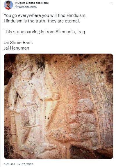 Rock engraving of a local warrior or ruler in Iraq, dating to around 2000 BC, falsely claimed to be of Lord Ram and Hanuman.