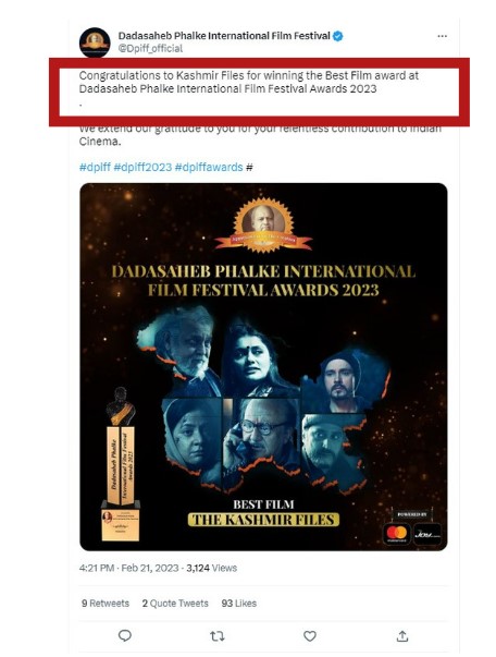 Fact Check: काश्मीर फाइल्सला मिळाला ‘दादासाहेब फाळके पुरस्कार 2023’? पाहुयात सत्य काय आहे 