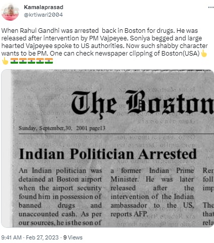 A fake newspaper clipping generated using an online tool has gone viral, with the false claim that Rahul Gandhi was detained at Boston airport in 2001 for possession of drugs.
