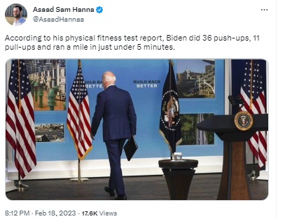 US President Joe Biden did not do 36 push-ups, 11 pull-ups and ran a mile in under 5 minutes for a fitness test. Viral post on physical test results found to be satire.