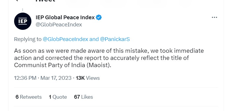 Tweet by @GlobPeaceIndex