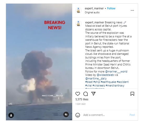 An old video of the August 4, 2020, Beirut port explosion is being falsely shared as a recent event.