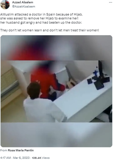 A 2021 video of a man beating up a doctor in Russia for “speaking inappropriately” to his wife falsely claimed to be of a Muslim immigrant assaulting a doctor in Spain for asking his wife to remove hijab for medical examination.