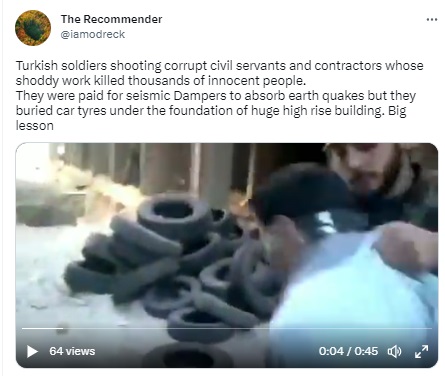 An April 2013 video of a Syrian mass execution carried out by its military falsely claimed to show Turkish soldiers shooting contractors for shoddy work.