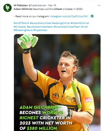 Former Australian cricketer Adam Gilchrist is mistaken for his namesake, an  Australian gym franchise mogul, in a list of richest cricketers around the world.