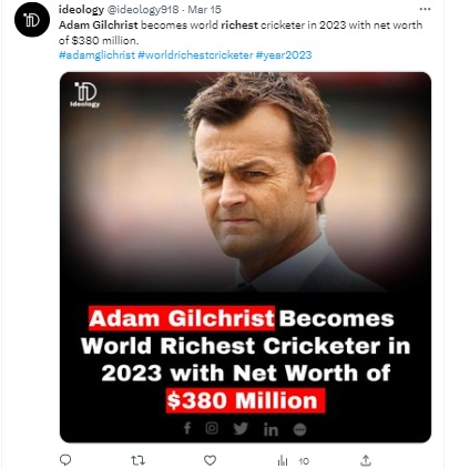 Former Australian cricketer Adam Gilchrist is mistaken for his namesake, an  Australian gym franchise mogul, in a list of richest cricketers around the world.
