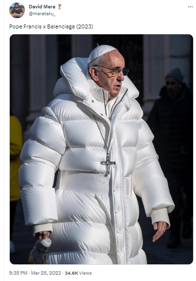 An image of Pope Francis in a white puffer jacket was found to be digitally created using an AI tool.