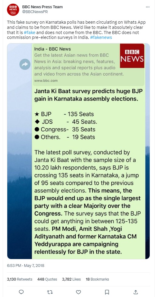ಕರ್ನಾಟಕ ವಿಧಾನಸಭೆ ಚುನಾವಣೆಯಲ್ಲಿ ಬಿಜೆಪಿ ಮತ್ತೆ ಅಧಿಕಾರಕ್ಕೆ ಬರಲಿದೆ ಎಂಬ ಬಿಬಿಸಿ 'ಸುಳ್ಳು' ಸಮೀಕ್ಷೆ ವೈರಲ್!