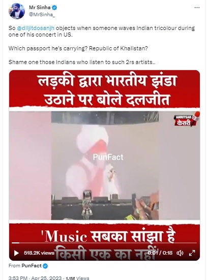  Punjabi singer Diljit Dosanjh falsely accused of disrespecting the Indian tricolour in a misleading viral video of his performance at the Coachella music festival.
