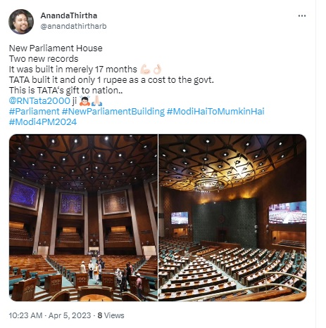 Viral post falsely claims that Tata is building the new Parliament building at a cost of just ₹1 to the government and construction was completed in 17 months. Newschecker learnt that Tata Projects won the contract to build a new Parliament building with a ₹861.90-crore bid, while construction is still going on after it started from January 2021.