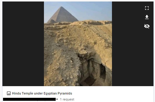 An ancient painting discovered in the tomb of an Egyptian priest falsely claimed to be the ruins of a Hindu temple discovered under the Pyramids of Giza.