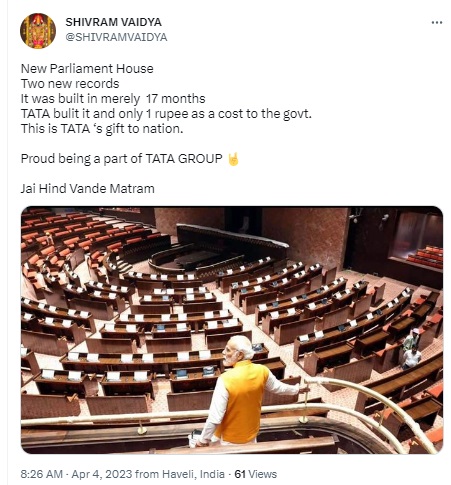 Viral post falsely claims that Tata is building the new Parliament building at a cost of just ₹1 to the government and construction was completed in 17 months. Newschecker learnt that Tata Projects won the contract to build a new Parliament building with a ₹861.90-crore bid, while construction is still going on after it started from January 2021.