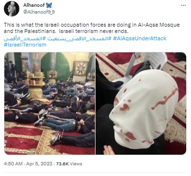 An old image of the Israeli forces’ raid on a Jerusalem mosque in April 2022 is being falsely claimed as a photo of the recent incident.