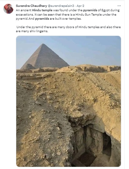 An ancient painting discovered in the tomb of an Egyptian priest falsely claimed to be the ruins of a Hindu temple discovered under the Pyramids of Giza.