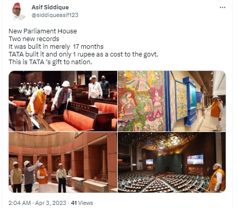 Viral post falsely claims that Tata is building the new Parliament building at a cost of just ₹1 to the government and construction was completed in 17 months. Newschecker learnt that Tata Projects won the contract to build a new Parliament building with a ₹861.90-crore bid, while construction is still going on after it started from January 2021.