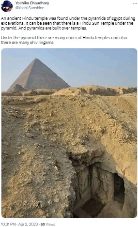 An ancient painting discovered in the tomb of an Egyptian priest falsely claimed to be the ruins of a Hindu temple discovered under the Pyramids of Giza.