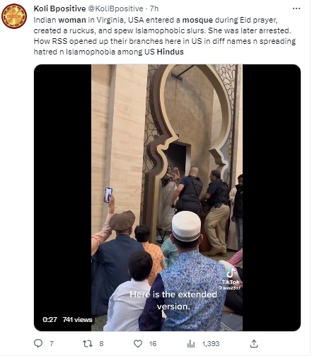 Woman seen in a viral video interrupting Eid prayers in a mosque in Virginia, USA, was found to be from the Muslim community and not a Hindu as claimed by several users on social media.