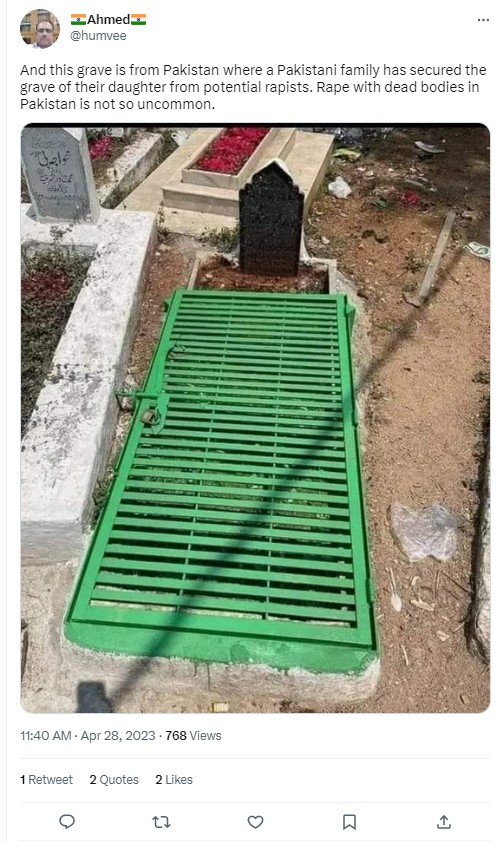 ಪಾಕಿಸ್ಥಾನದಲ್ಲಿ ಶವಕಾಮ ಹೆಚ್ಚುತ್ತಿದೆ ಎನ್ನಲು ಬಳಸಿದ ಬೀಗ ಹಾಕಿದ ಸಮಾಧಿ ಚಿತ್ರ ಹೈದ್ರಾಬಾದ್‌ನದ್ದು!